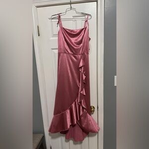 Elegant Pink Satin Dress with Ruffle Detail